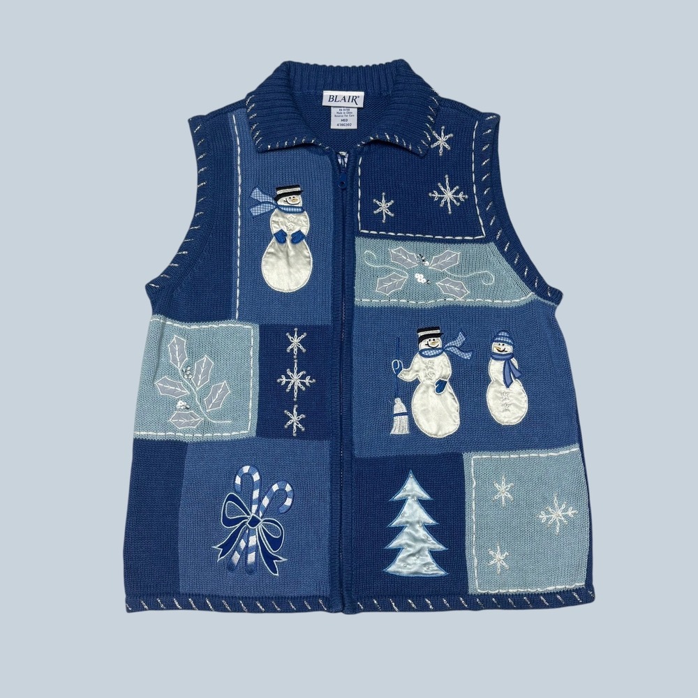 Blair Blue Winter Snowman Patchwork Zip Up Sweater Vest Womens Medium 4786202